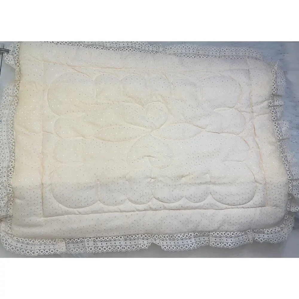Vtg Jack Turk Quilted Eyelet Lace Baby Blanket Cream Satin Back ILGWU